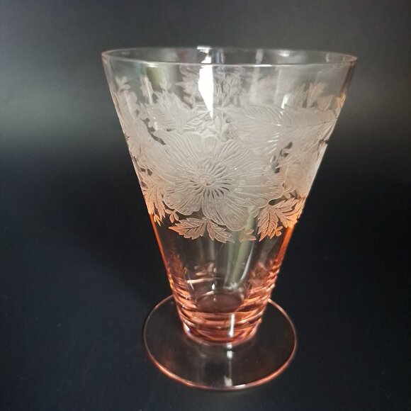 Tiffin Franciscan Sylvan Pink Etched Glass Footed Tumbler - Picture 1 of 16